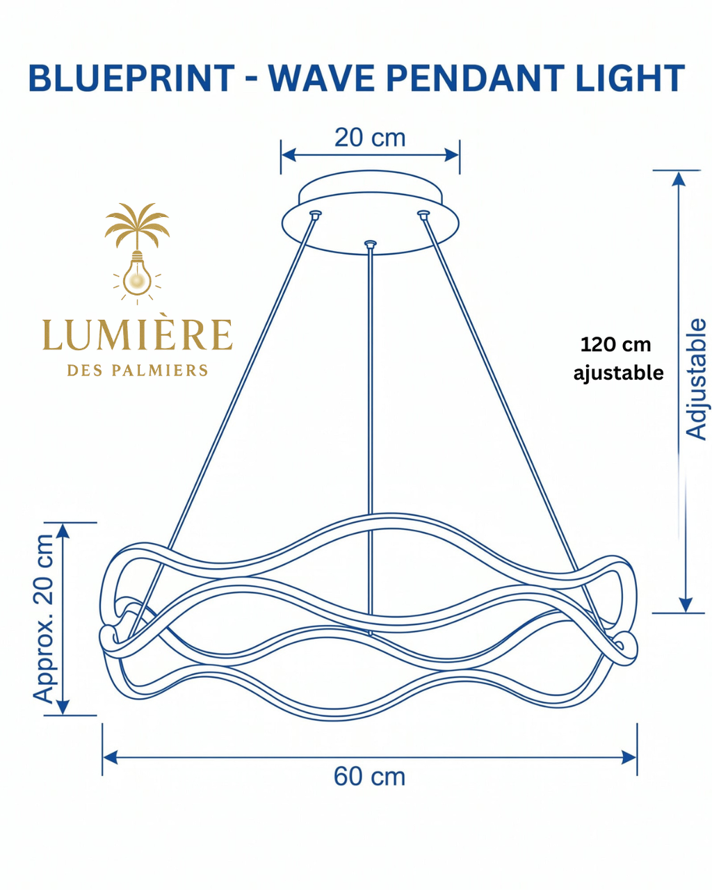 Suspension Wave Gold schéma dimensions Ø60cm hauteur 20cm rosace 20cm - suspension LED Maroc