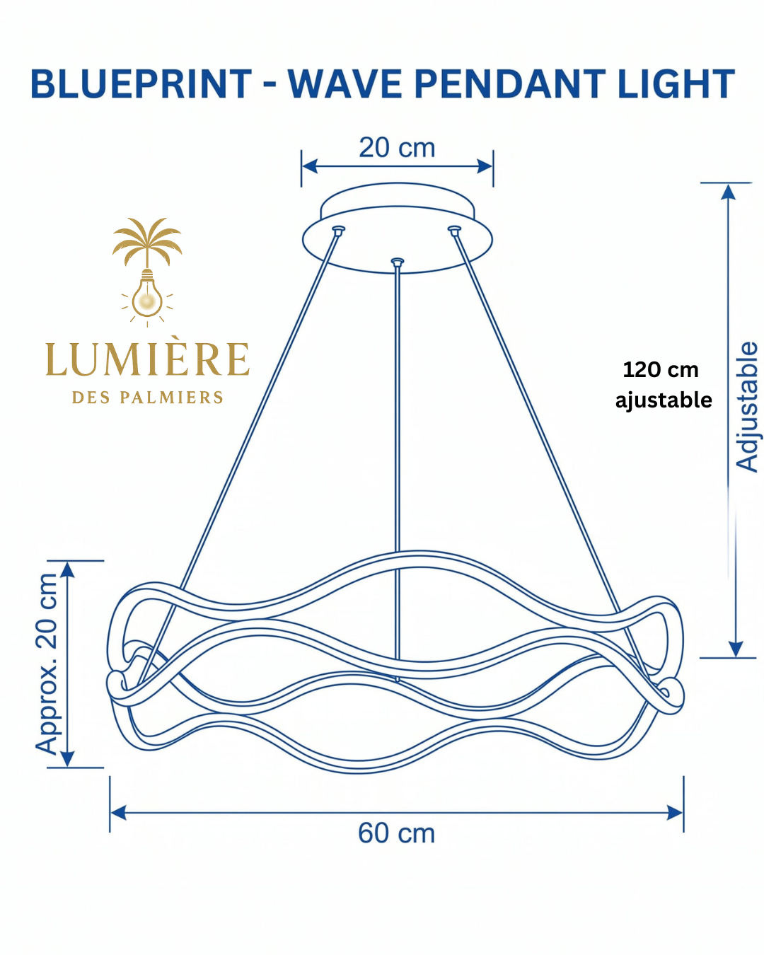Suspension Wave Gold schéma dimensions Ø60cm hauteur 20cm rosace 20cm - suspension LED Maroc