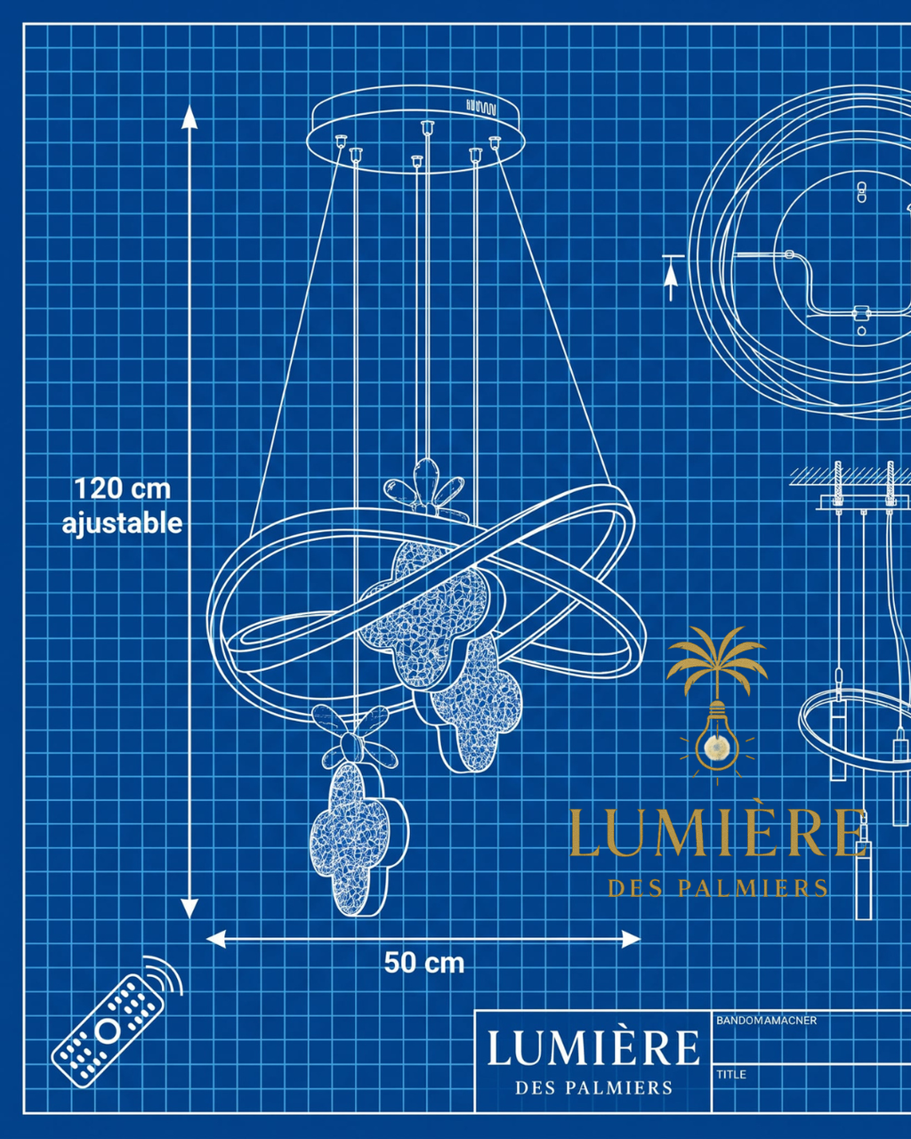 Suspension Papillon Gold schéma dimensions Ø50cm hauteur 120cm - suspension cristal LED Maroc