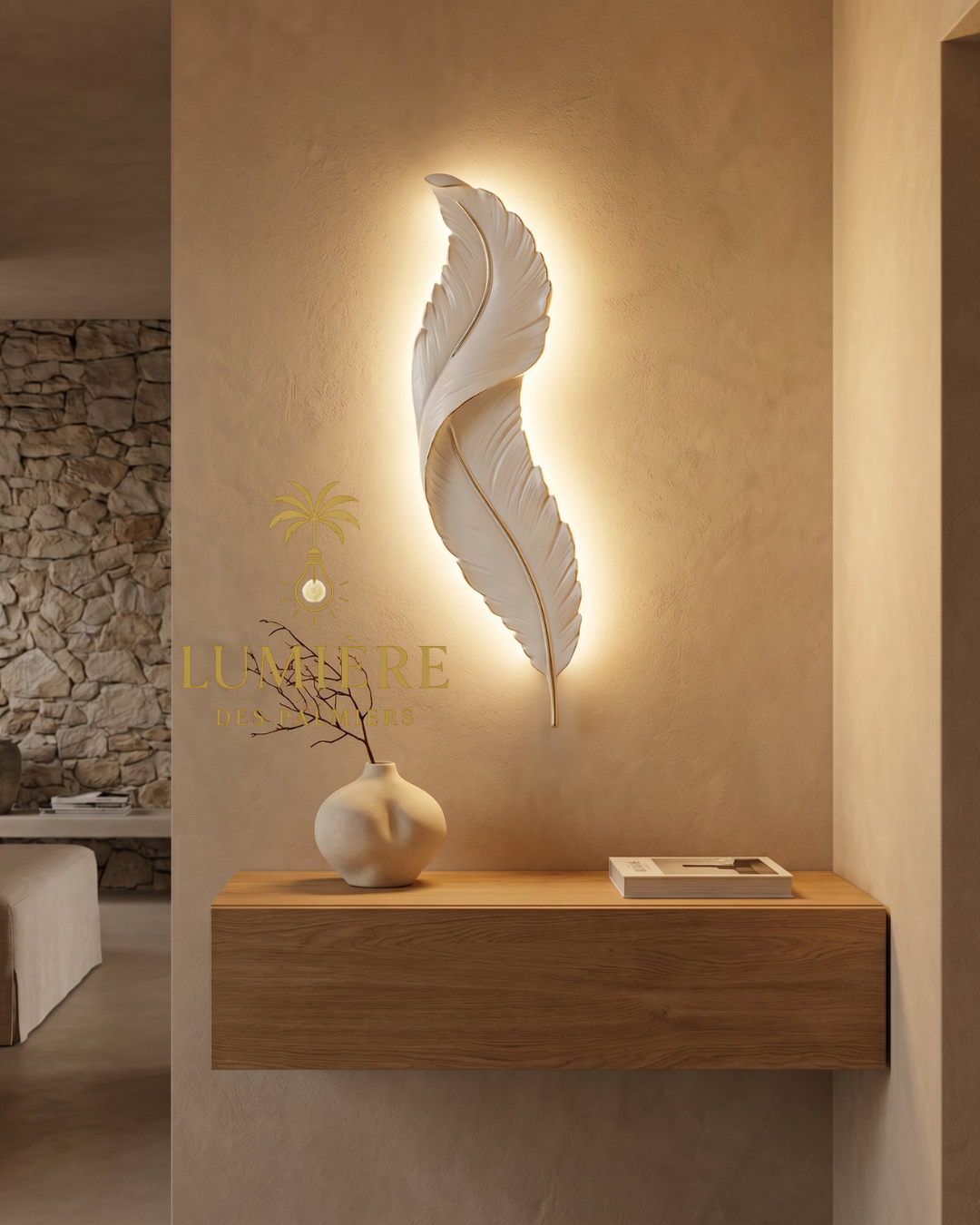 Applique murale Feather plume blanche LED rétroéclairée couloir salon - décoration murale Maroc - Lumière des Palmiers